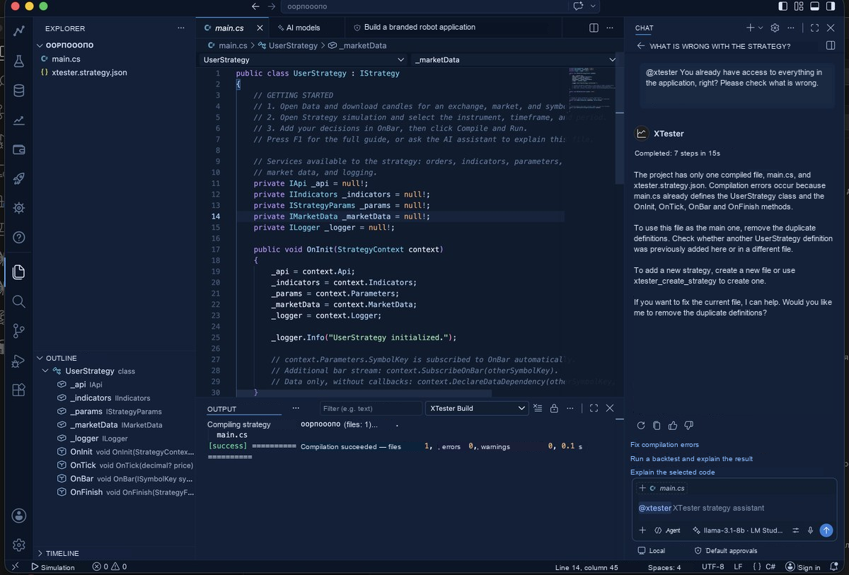 XTester Studio editor and strategy chat — English localized illustration of the original screenshot