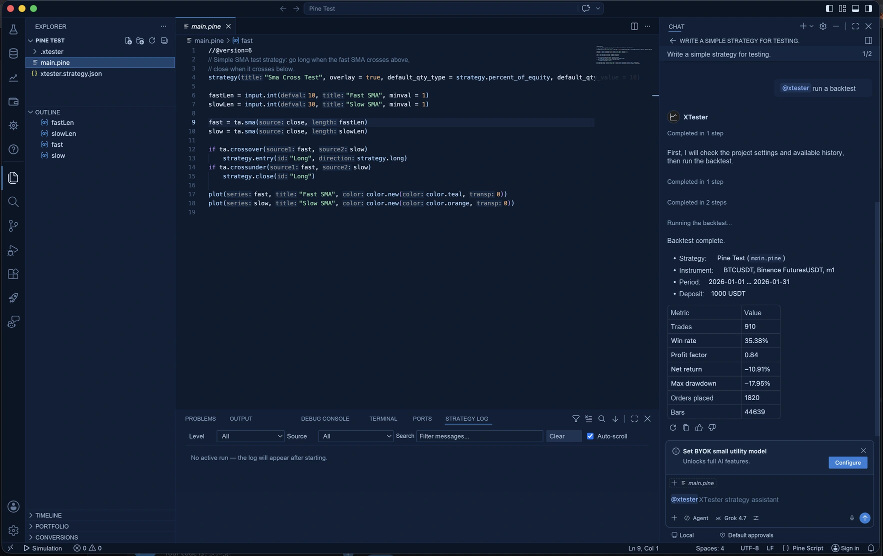 XTester Studio: strategy editor and backtest chat, English localized illustration